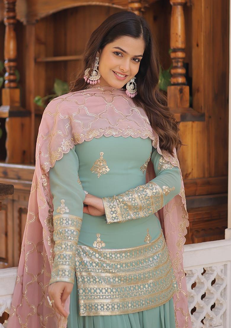 Sky Blue Embroidered Faux Georgette Sharara Set With Dupatta - Indya