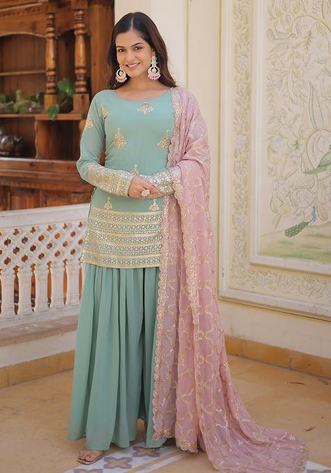 Sky Blue Embroidered Faux Georgette Sharara Set With Dupatta