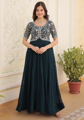 Rama Embroidered Faux Blooming Anarkali Dress