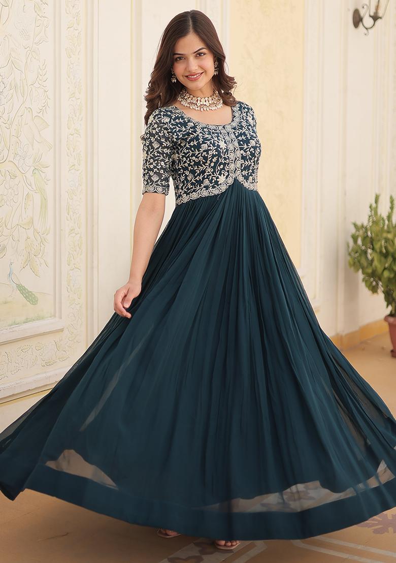 Rama Embroidered Faux Blooming Anarkali Dress - Indya