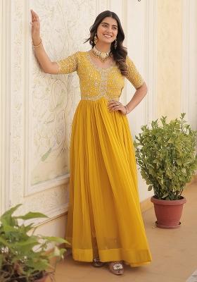 Yellow Embroidered Faux Blooming Anarkali Dress
