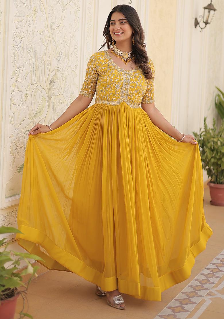 Yellow Embroidered Faux Blooming Anarkali Dress - Indya