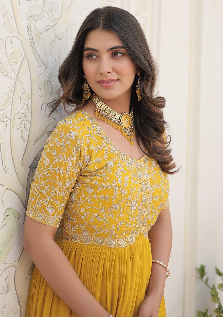 Yellow Embroidered Faux Blooming Anarkali Dress - Indya