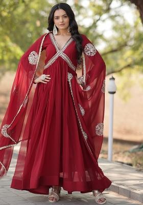 Maroon Embroidered Faux Blooming Anarkali Dress