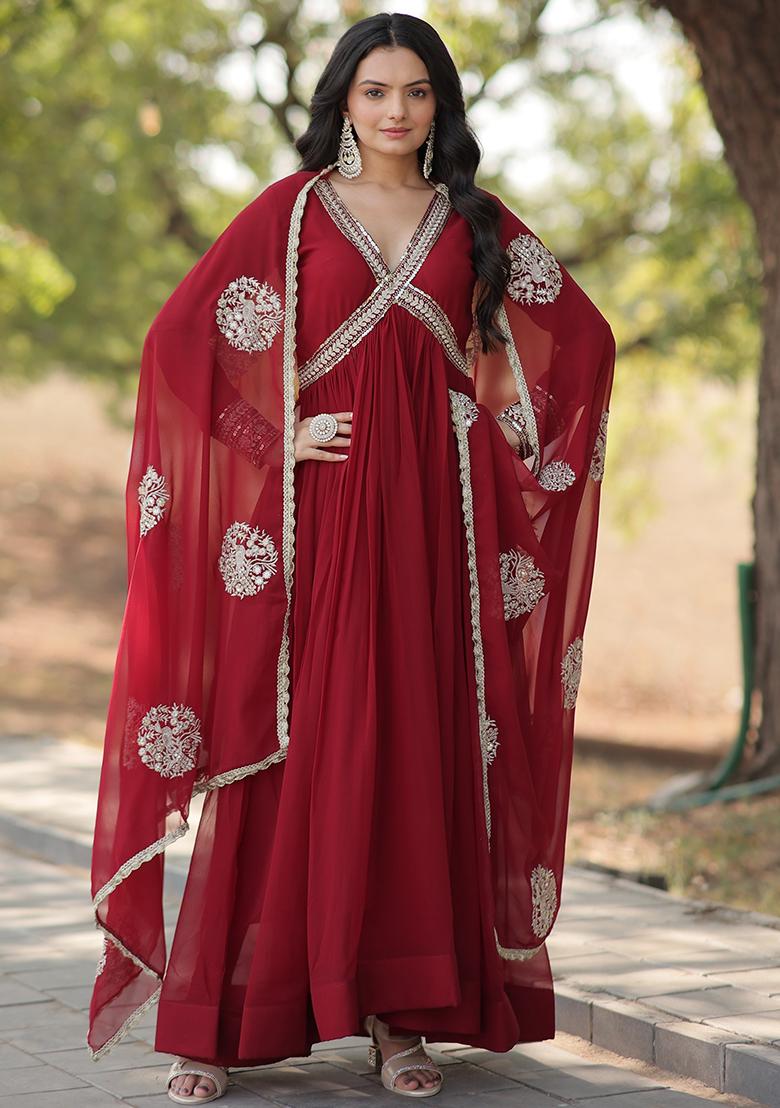Maroon Embroidered Faux Blooming Anarkali Dress - Indya