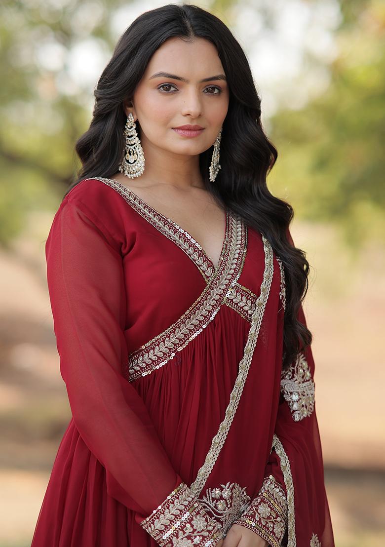 Maroon Embroidered Faux Blooming Anarkali Dress - Indya