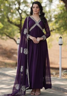 Purple Embroidered Faux Blooming Anarkali Dress