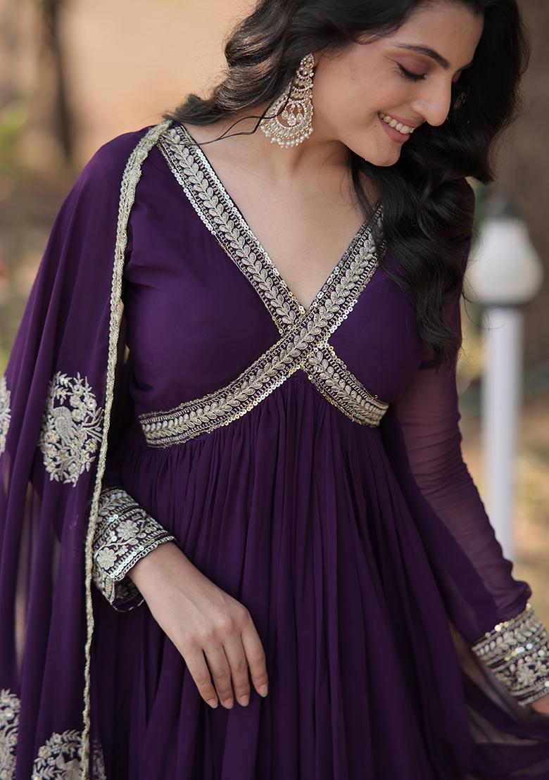 Purple Embroidered Faux Blooming Anarkali Dress - Indya