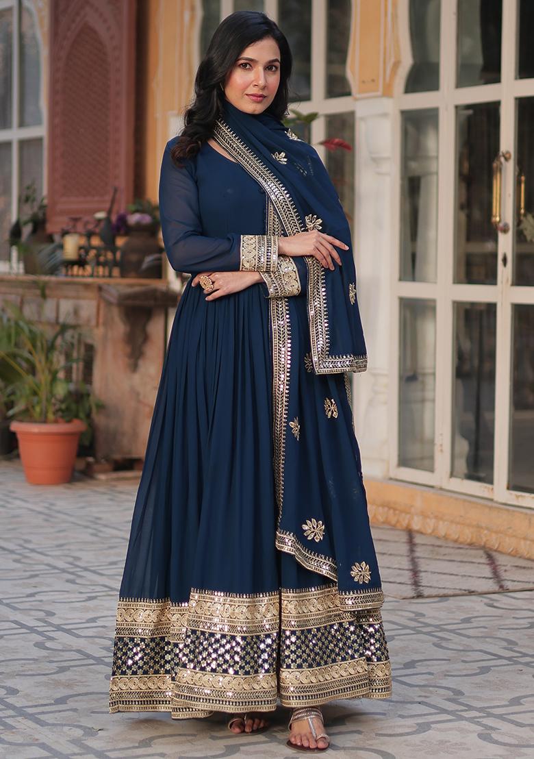 Blue Embroidered Faux Blooming Anarkali Dress - Indya