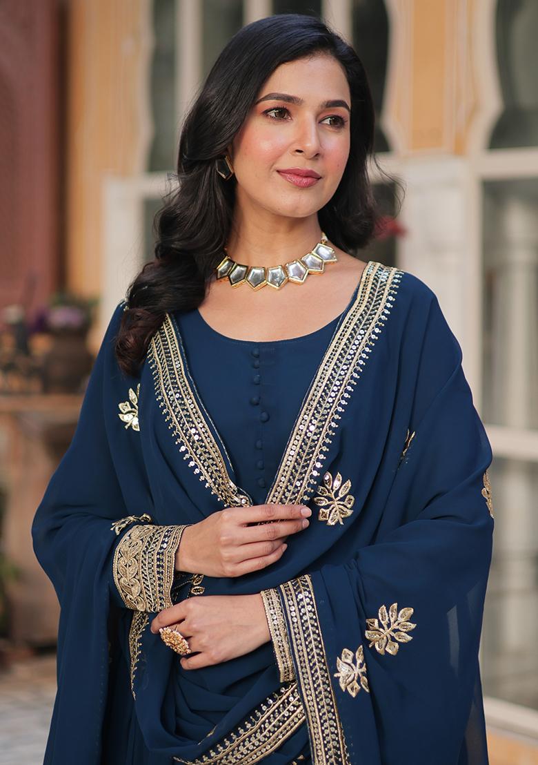 Blue Embroidered Faux Blooming Anarkali Dress - Indya