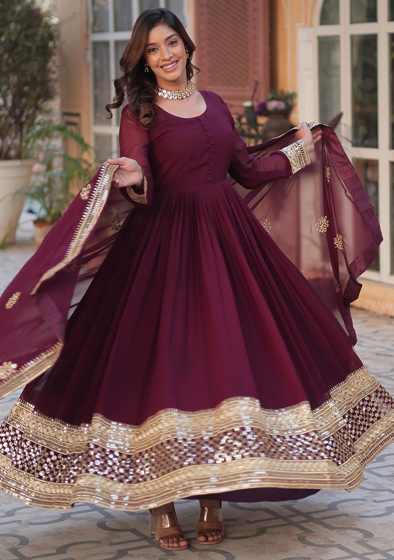 Wine Embroidered Faux Blooming Anarkali Dress - Indya