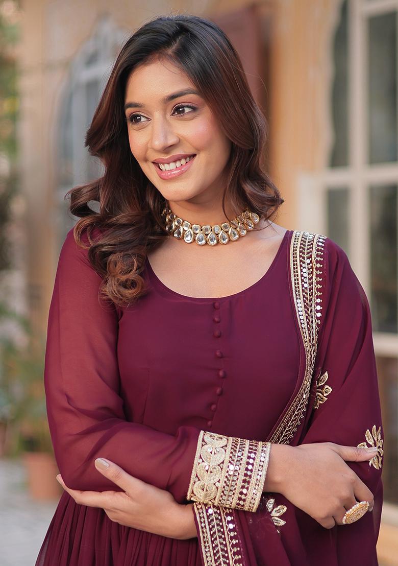 Wine Embroidered Faux Blooming Anarkali Dress - Indya