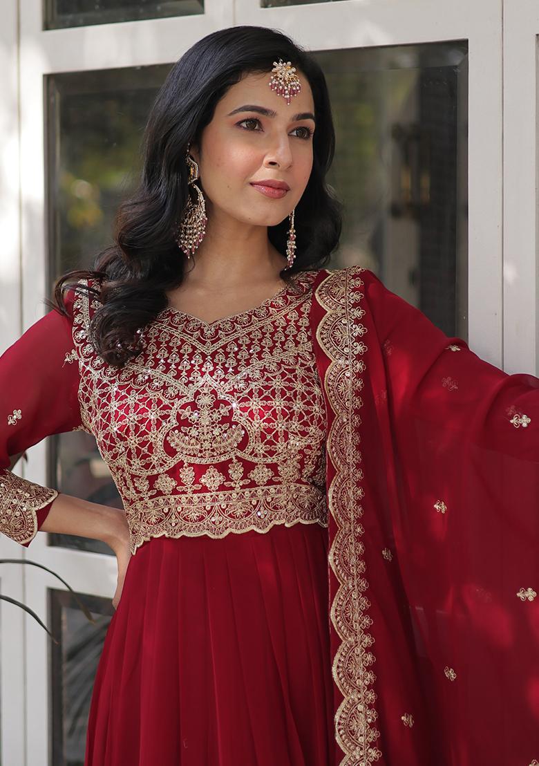 Maroon Embroidered Faux Blooming Anarkali Dress - Indya