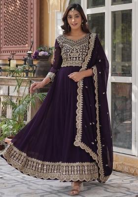 Wine Embroidered Faux Blooming Anarkali Dress