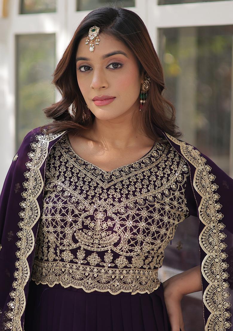 Wine Embroidered Faux Blooming Anarkali Dress - Indya