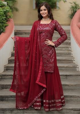 Maroon Embroidered Faux Georgette Kurta Set With Dupatta