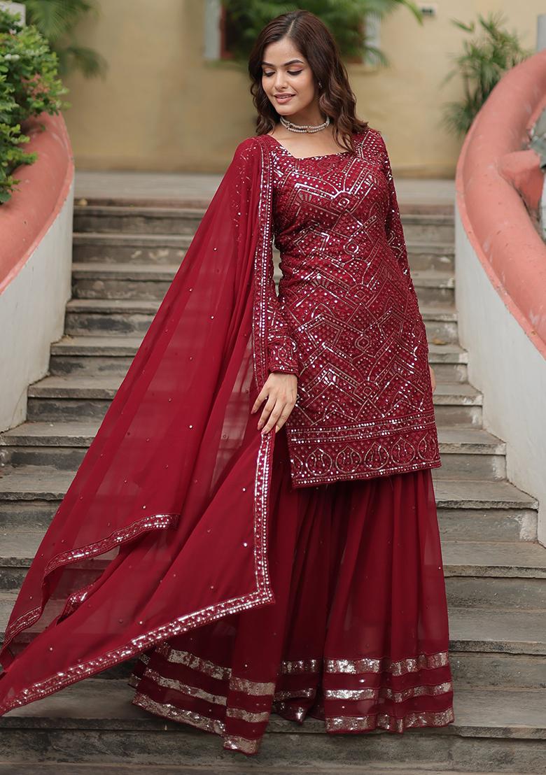 Maroon Embroidered Faux Georgette Kurta Set With Dupatta - Indya