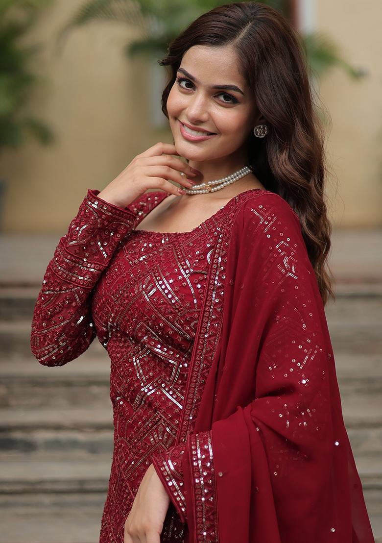 Maroon Embroidered Faux Georgette Kurta Set With Dupatta - Indya