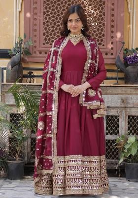 Maroon Embroidered Georgette Anarkali Dress