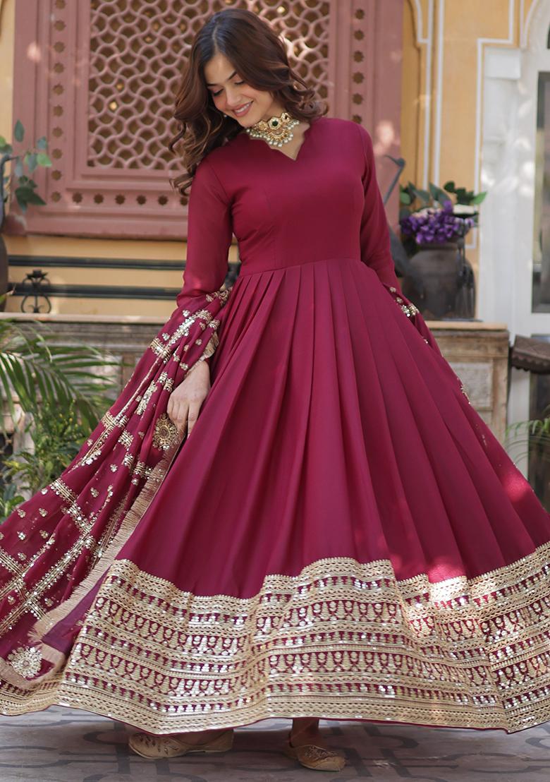 Maroon Embroidered Georgette Anarkali Dress - Indya