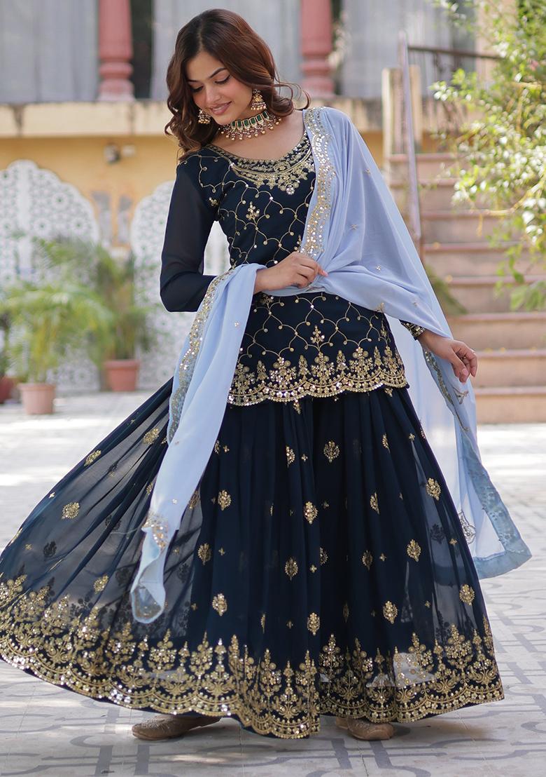 Blue Embroidered Faux Blooming Kurta Set With Dupatta - Indya