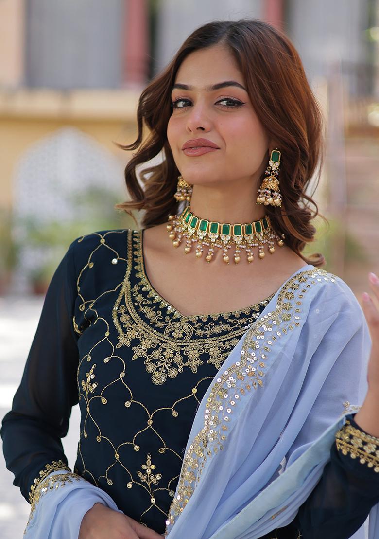 Blue Embroidered Faux Blooming Kurta Set With Dupatta - Indya