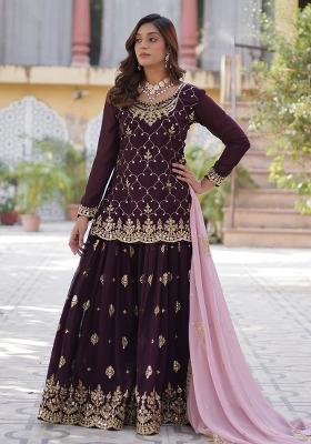 Wine Embroidered Faux Blooming Kurta Set With Dupatta