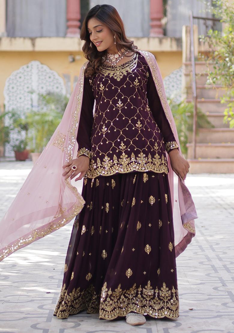 Wine Embroidered Faux Blooming Kurta Set With Dupatta - Indya