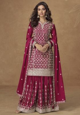 Rani Pink Embroidered Art Silk Blend Kurta Set