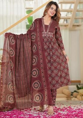Maroon Embriodery And Mirror  Work Cotton Kurta Set