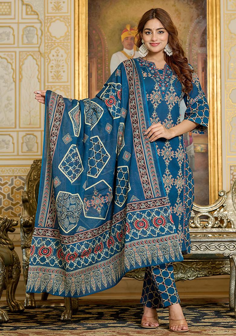 Blue Embriodery And Mirror Work Cotton Kurta Set