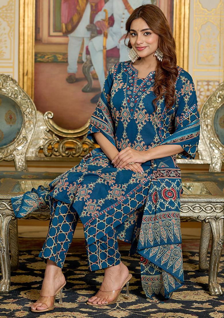 Blue Embriodery And Mirror Work Cotton Kurta Set