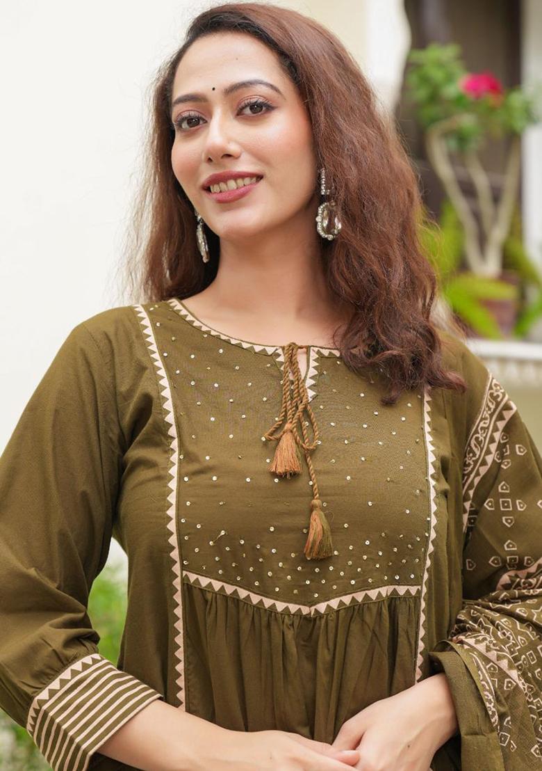 Multicolor Hand And Mirror Work. Cotton Kurta Set