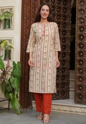 Multicolor Hand  And Zari Work Cotton Kurta Set