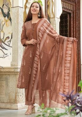 Brown Embriodery  And Mirror Work  Cotton Kurta Set