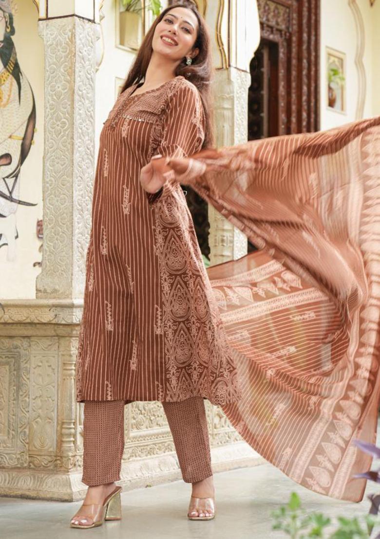 Brown Embriodery  And Mirror Work  Cotton Kurta Set - Indya