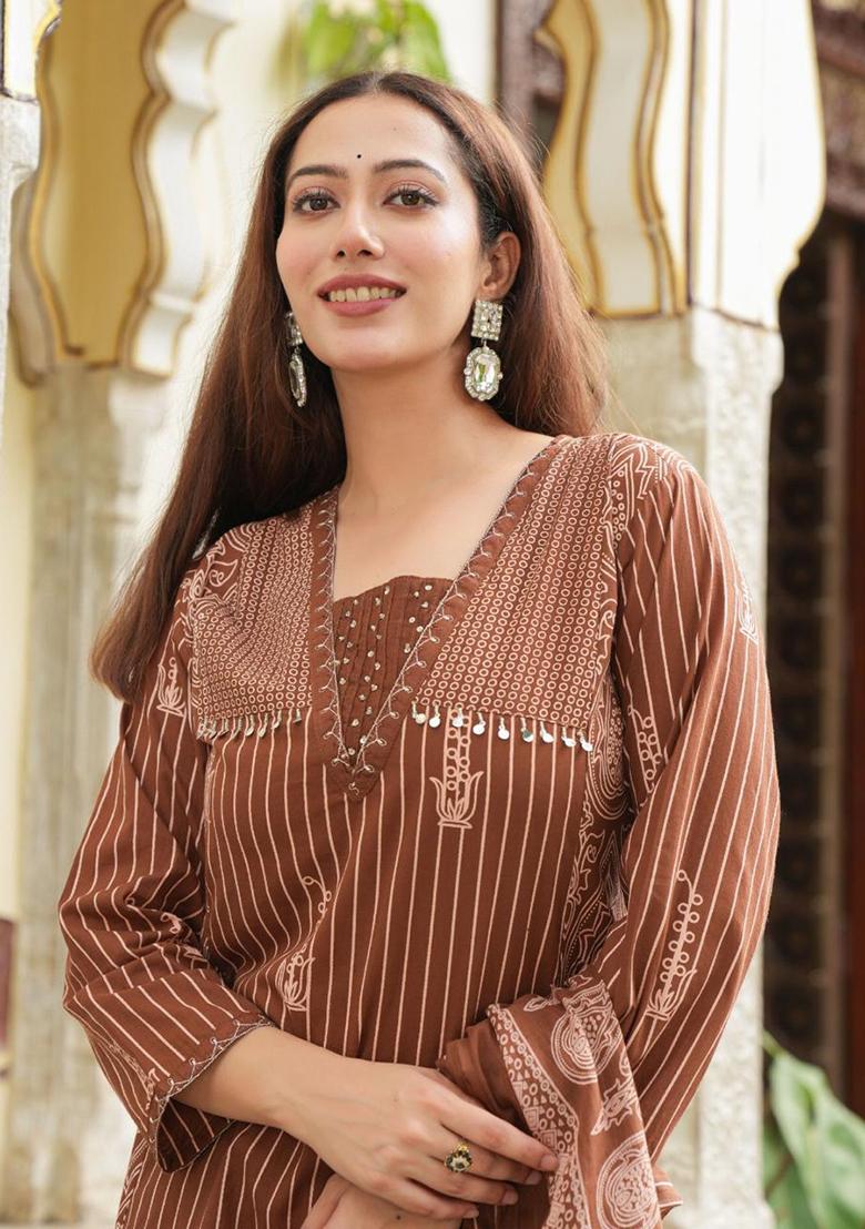 Brown Embriodery And Mirror Work Cotton Kurta Set