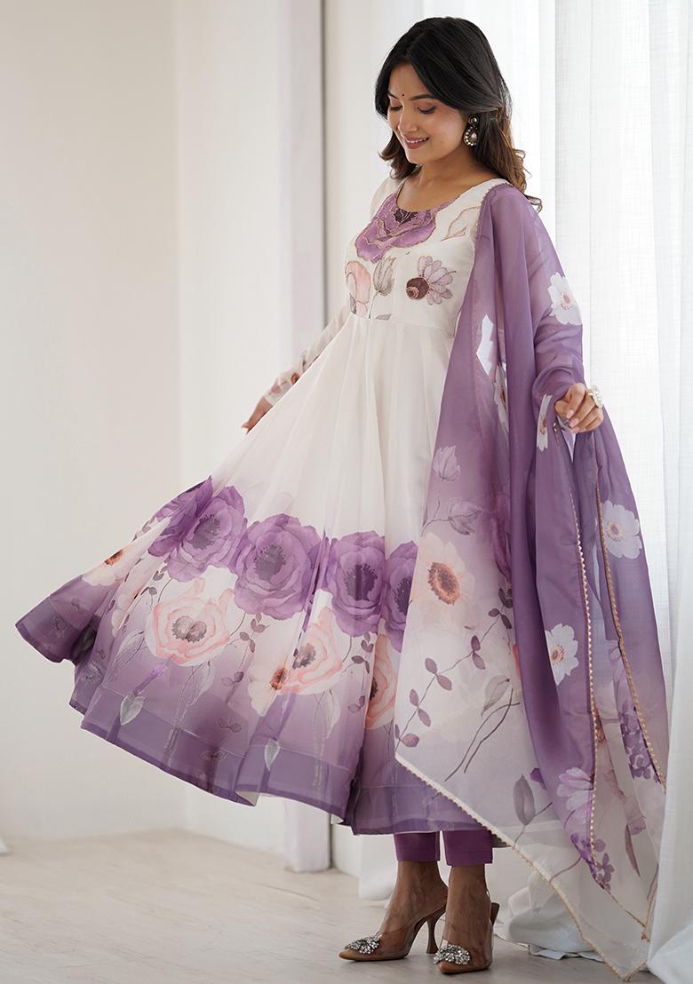 Offwhite Printeded Organza Kurta set - Indya
