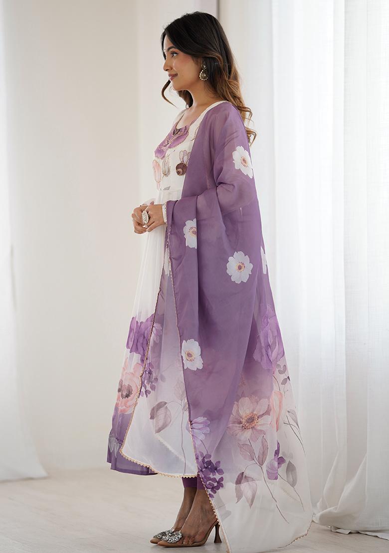 Offwhite Printeded Organza Kurta set - Indya