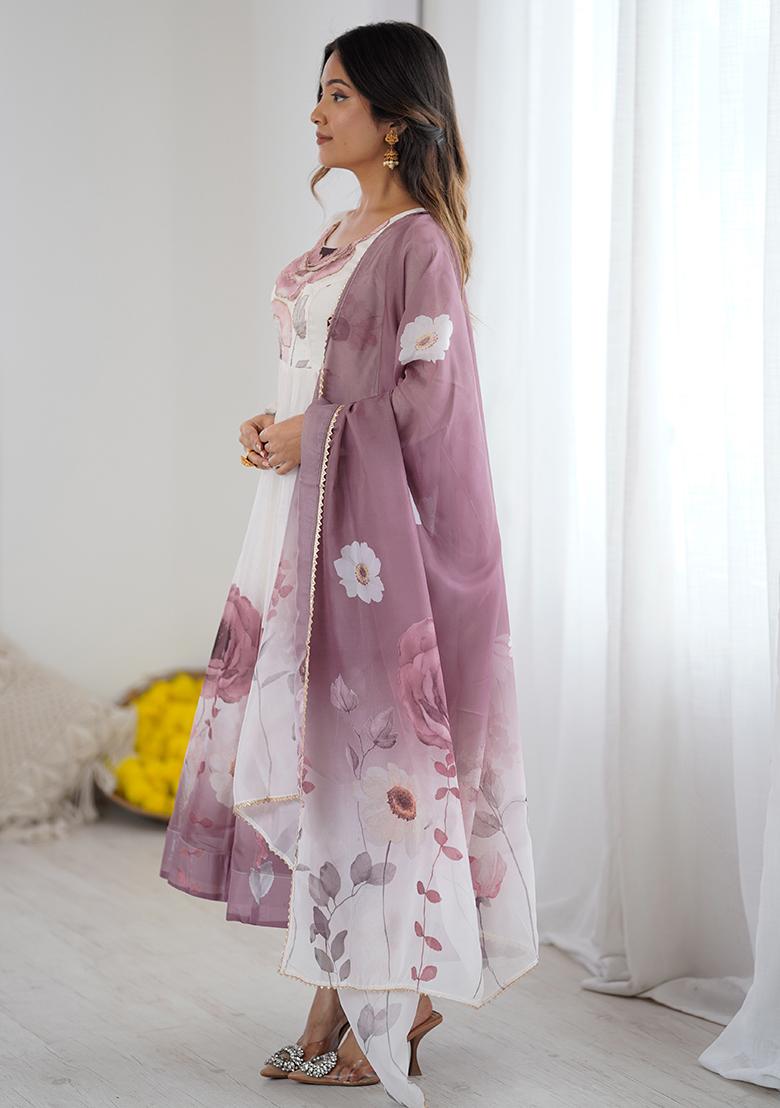 Offwhite Printeded Organza Kurta set - Indya