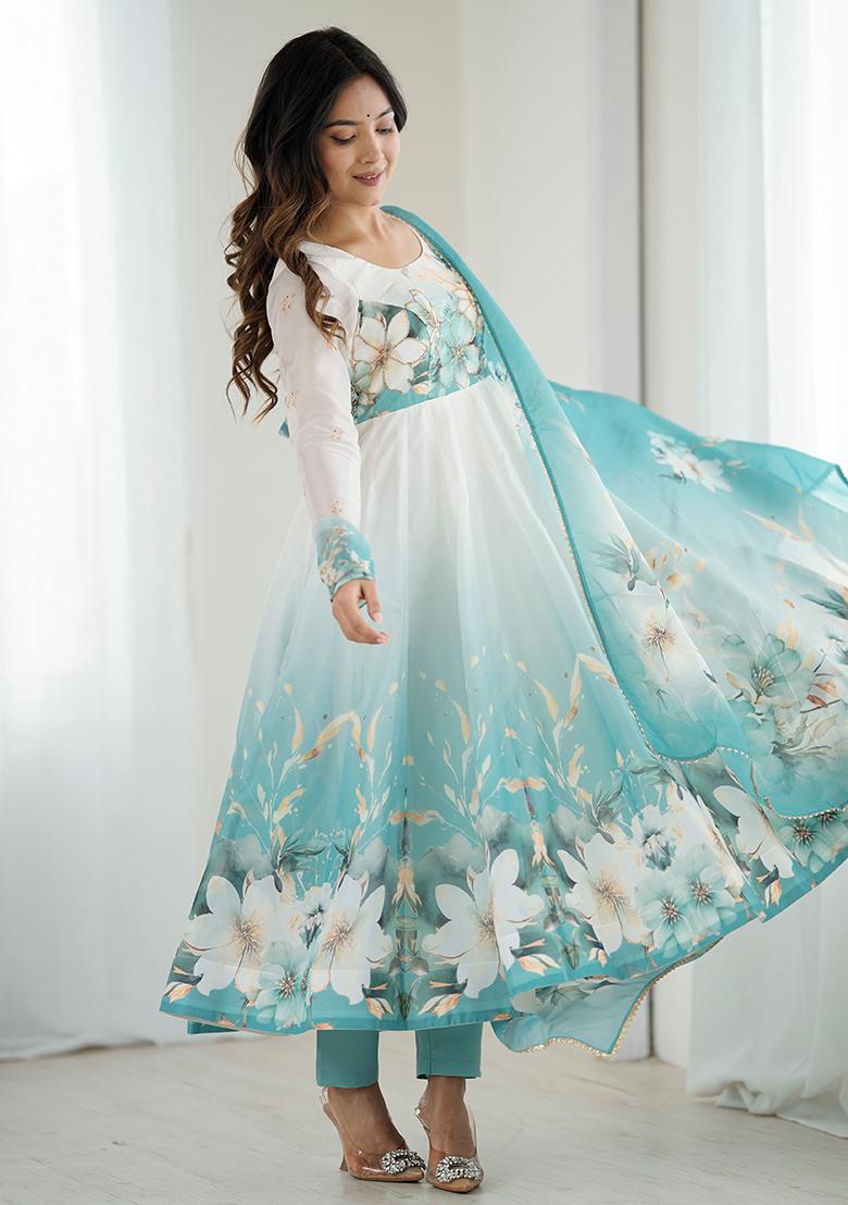 Offwhite Printeded Organza Kurta set - Indya