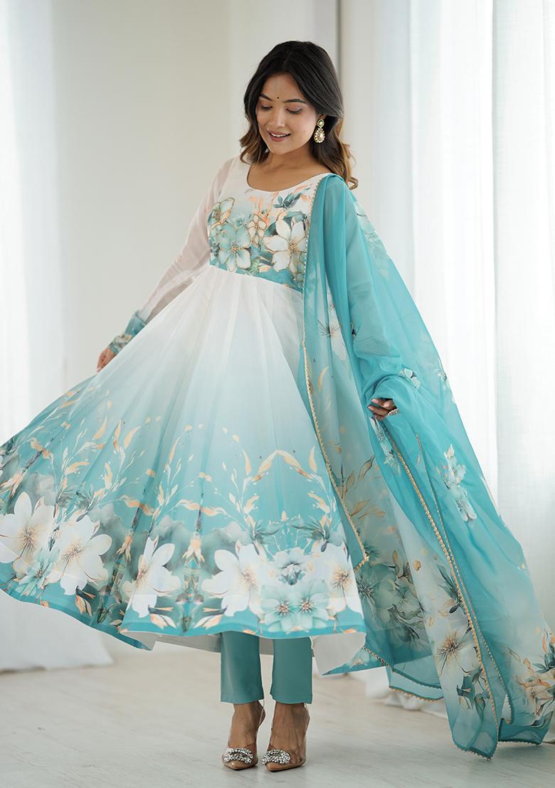 Offwhite Printeded Organza Kurta set - Indya