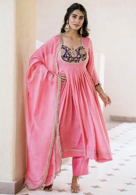 Pink Embroidered Crunchy Silk Kurta set
