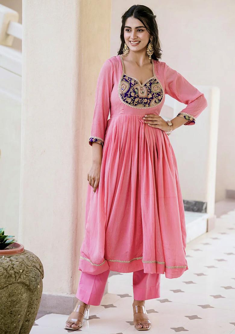 Pink Embroidered Crunchy Silk Kurta set - Indya