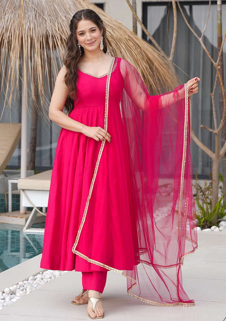 Rani Pink Solid Silk Kurta set - Indya