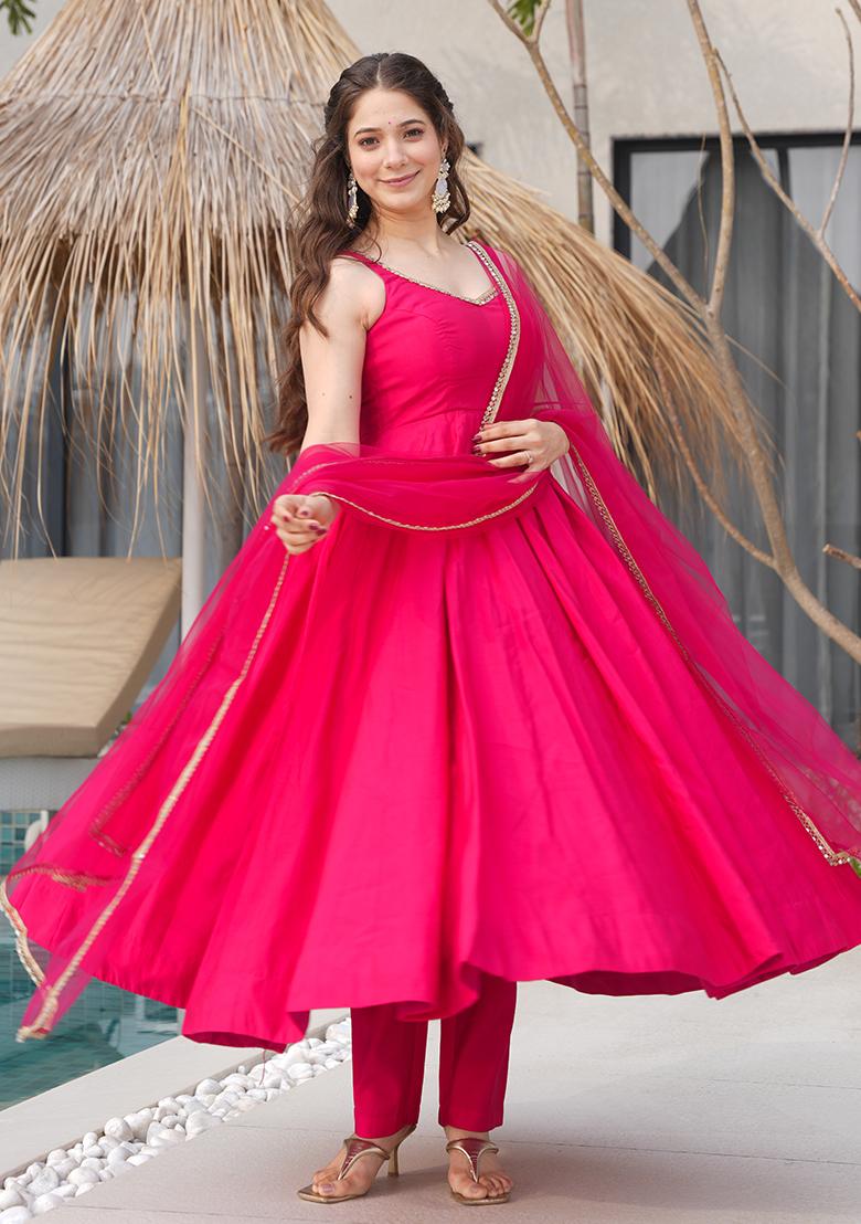 Rani Pink Solid Silk Kurta set - Indya