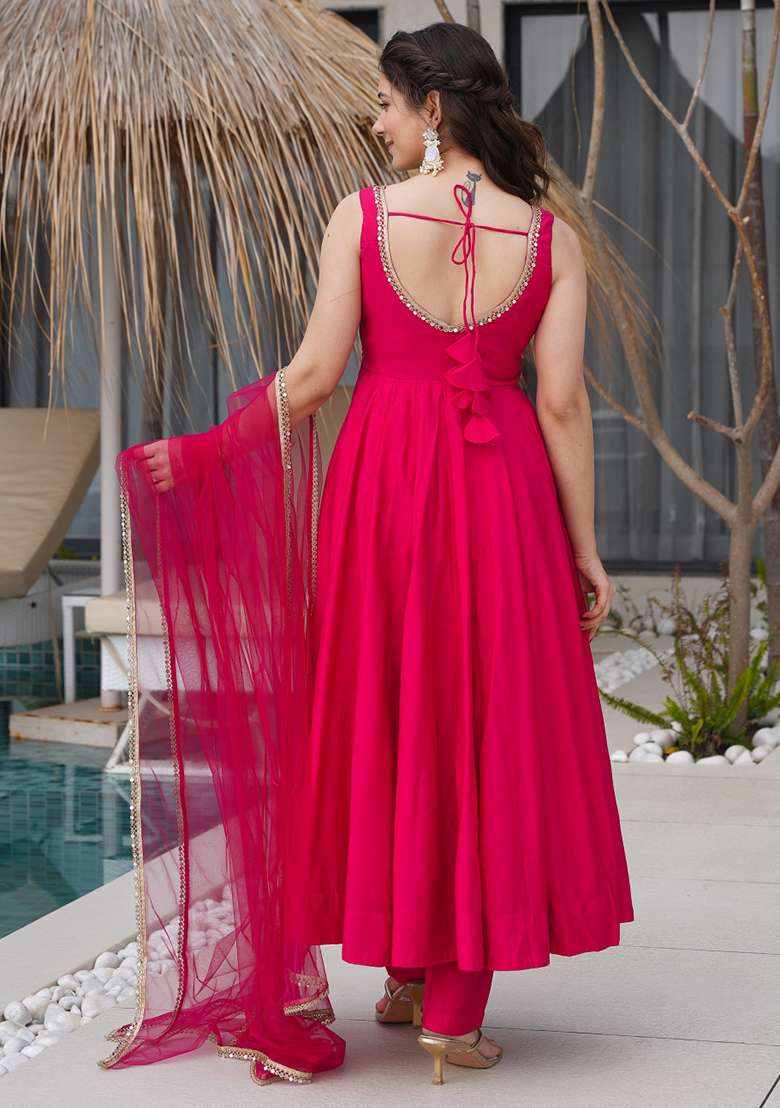Rani Pink Solid Silk Kurta set - Indya