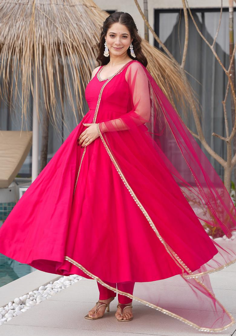 Rani Pink Solid Silk Kurta set - Indya