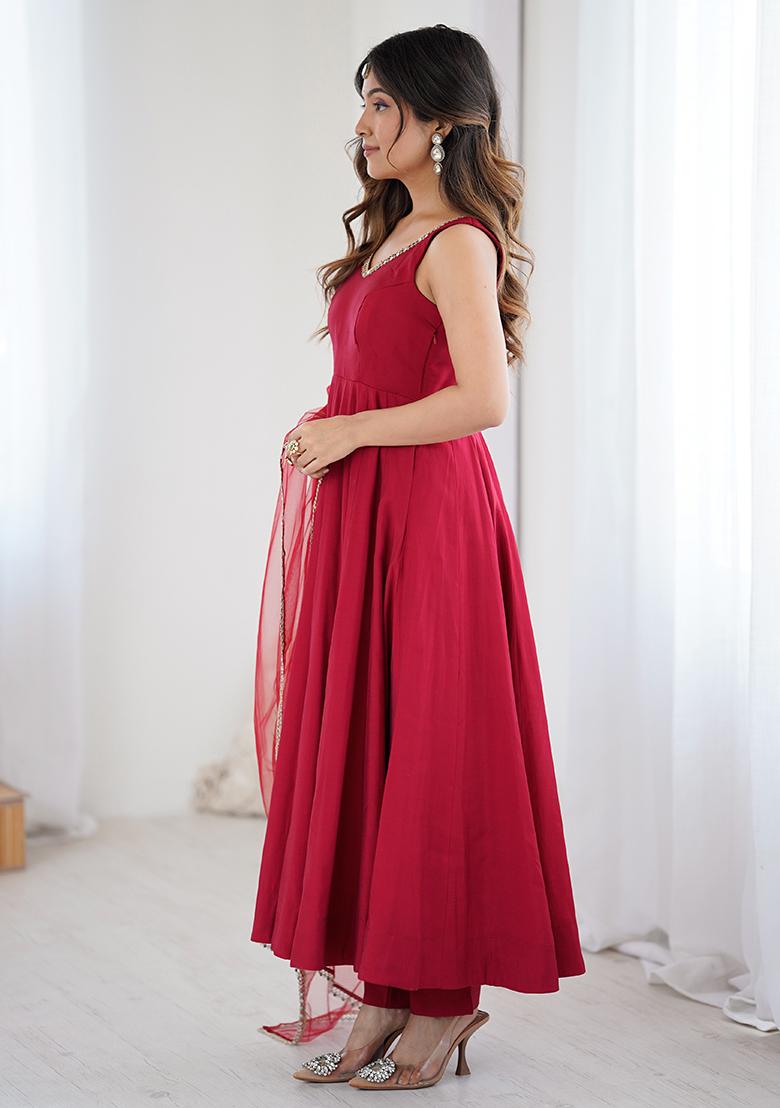 Maroon Solid Silk Kurta set - Indya