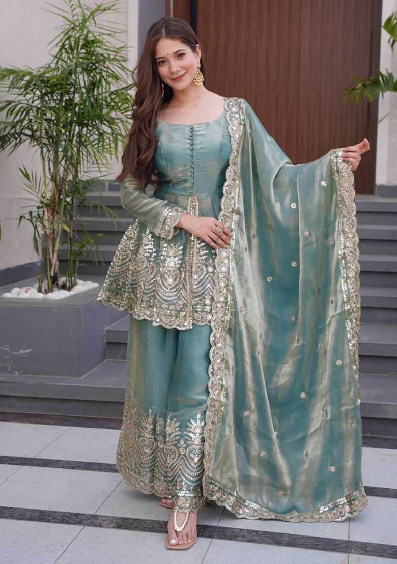 Sea Green Embroidery Work Satin Silk Blend Kurta set - Indya